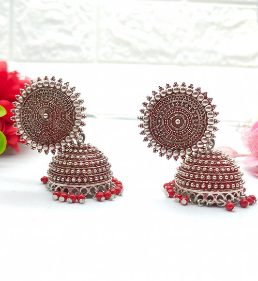 Oxidized Silver Jhumka Earrings with Red Beads