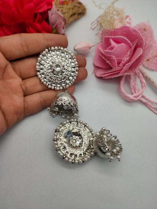 Oxidized Silver-Plated Jhumka Earrings with Pearls