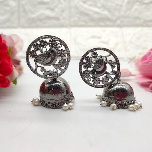 Oxidized Silver-Tone Bird & Floral Jhumka Earrings