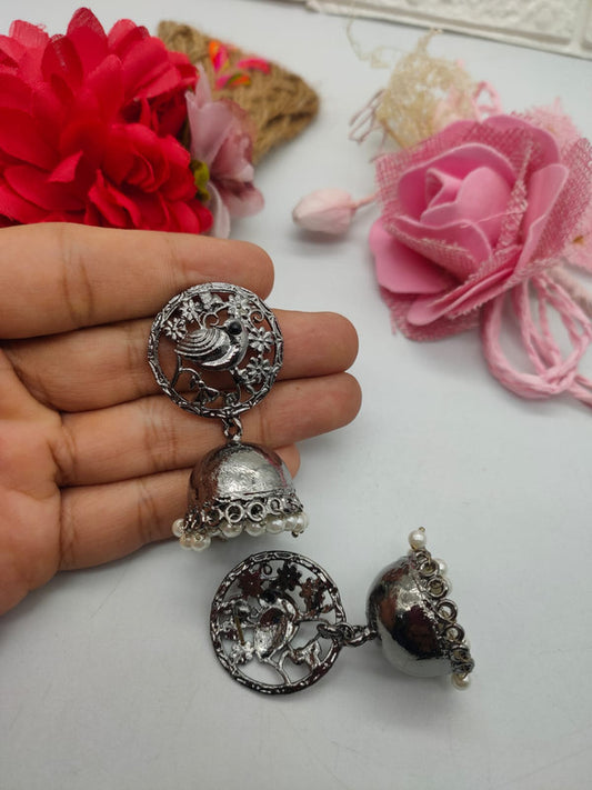Oxidized Silver-Tone Bird & Floral Jhumka Earrings