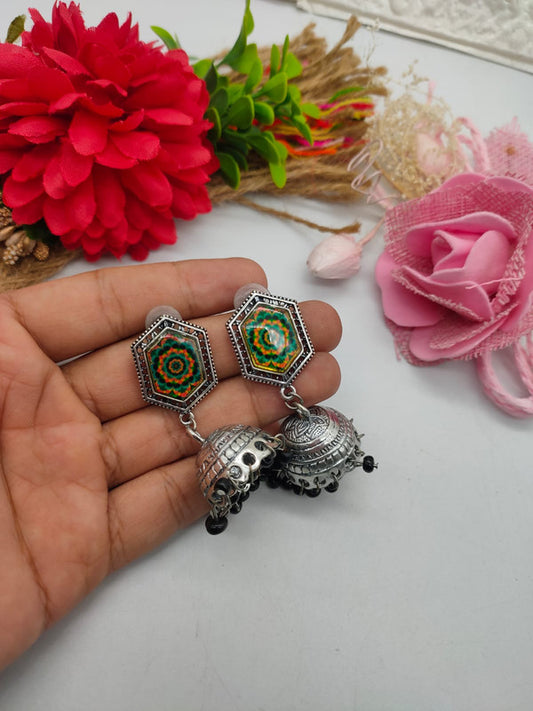 Oxidized Silver Floral Hexagon Earrings with Jhumka