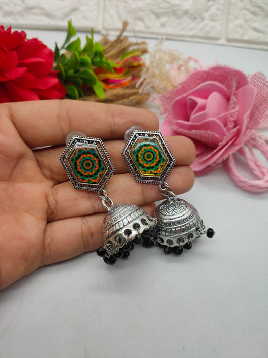 Oxidized Silver Floral Hexagon Earrings with Jhumka