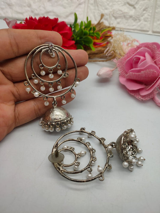 Oxidized Silver Plated Pearl Drops Earrings