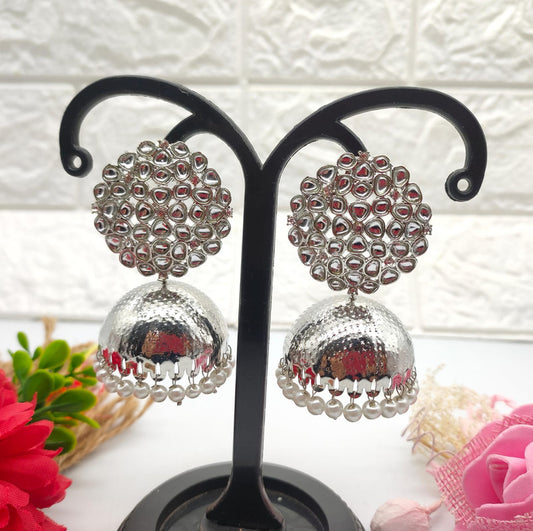 Silver-Plated Jhumka Earrings with Floral Design