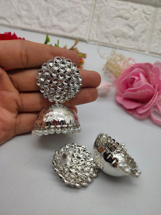 Silver-Plated Jhumka Earrings with Floral Design