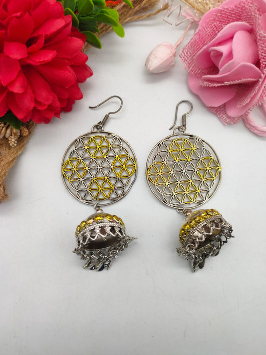 Oxidized Silver Earrings with Golden Design