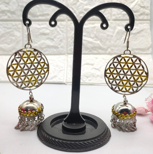 Oxidized Silver Earrings with Golden Design