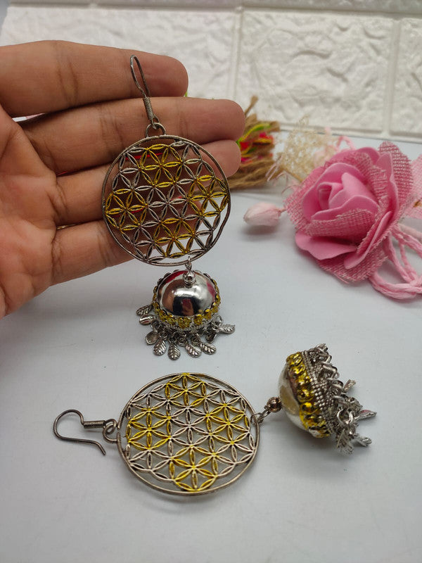 Oxidized Silver Earrings with Golden Design