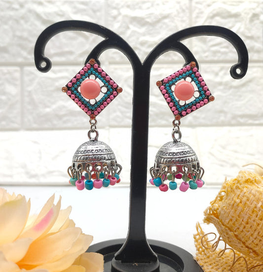 Colorful Jhumka Earrings with Oxidized Silver Details