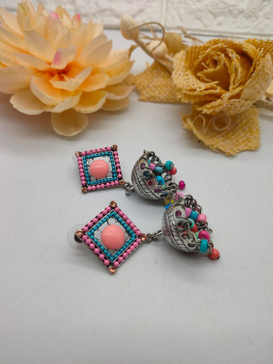 Colorful Jhumka Earrings with Oxidized Silver Details