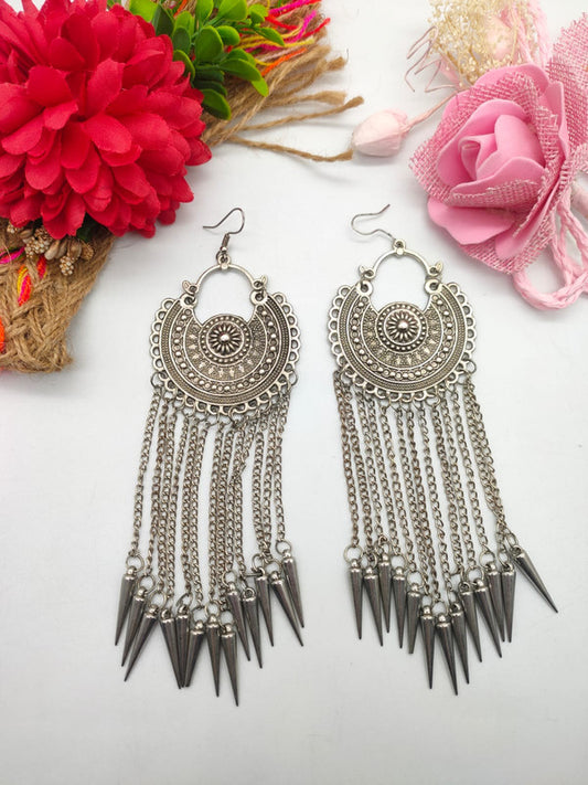Oxidized Silver Earrings with Tribal Tassel and Spike Drop