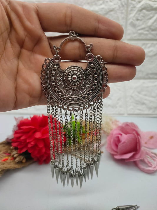 Oxidized Silver Earrings with Tribal Tassel and Spike Drop