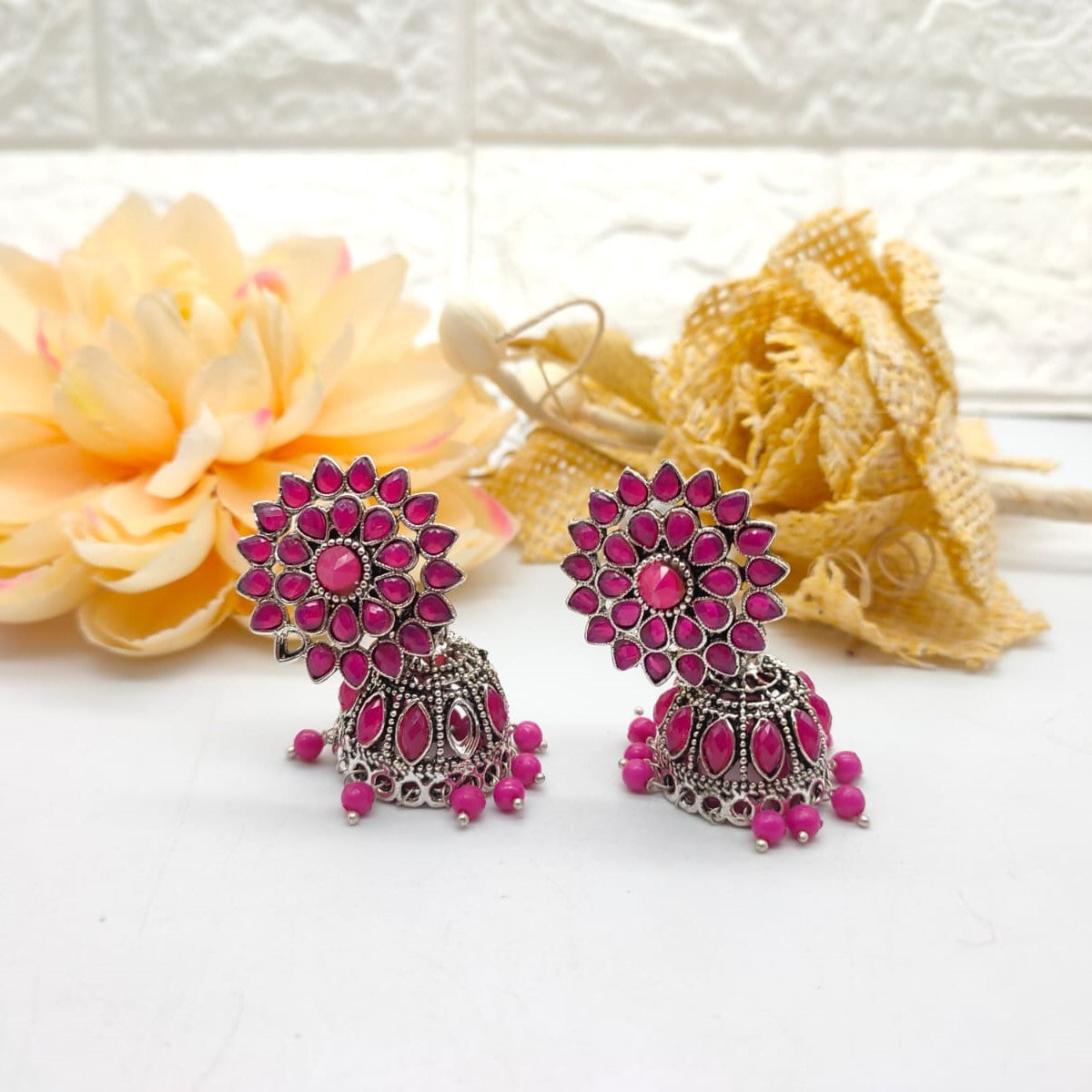 Buy Oxidized Jhumka Earrings: Pink Floral Design with Beads