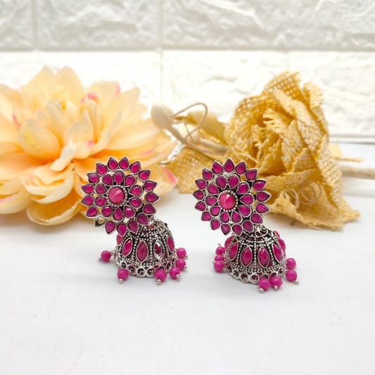 Buy Oxidized Jhumka Earrings: Pink Floral Design with Beads