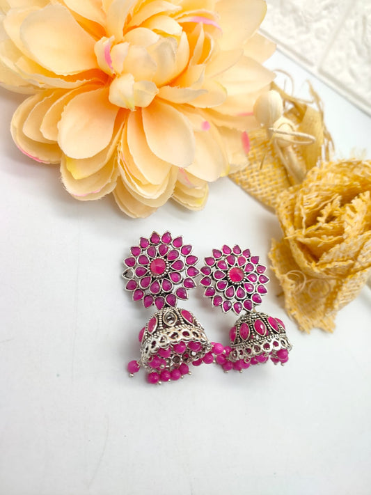 Oxidized Jhumka Earrings: Pink Floral Design with Beads