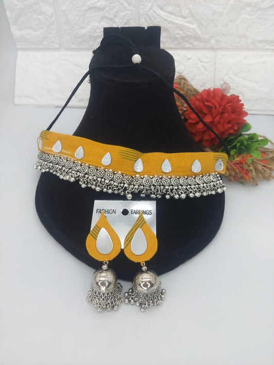 Mirror Work Yellow Ethnic Necklace and Earrings Set