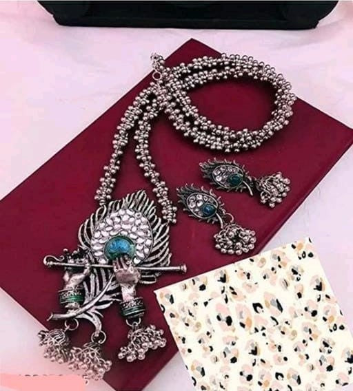 Krishna Flute Pendant Necklace and Earrings Set - Silver Oxidized Plating