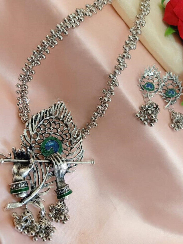 Krishna Flute Pendant Necklace and Earrings Set - Silver Oxidized Plating