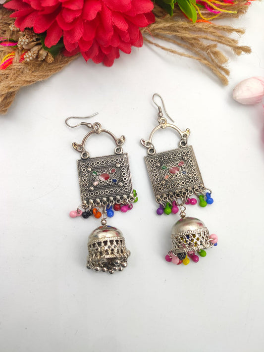 Oxidized Silver Jhumka Earrings with Colorful Beads