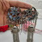 Oxidized Silver Crescent Moon Earrings with Mirror Work and Tassels
