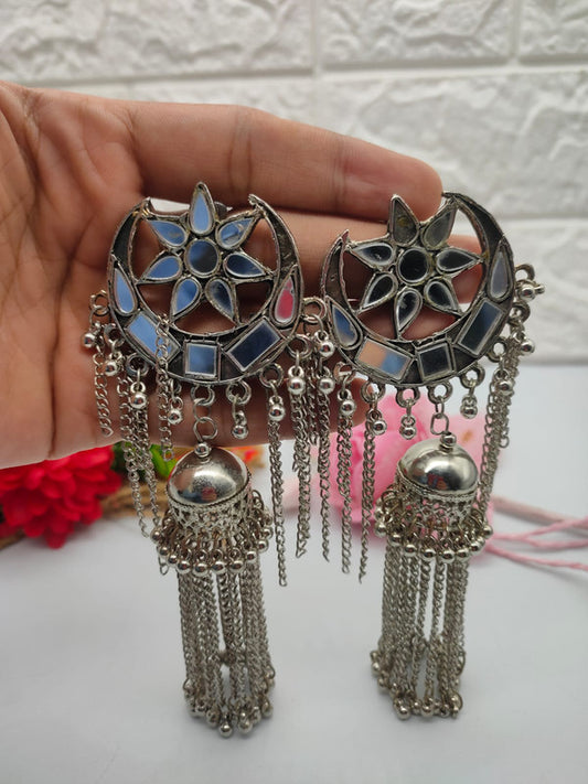 Oxidized Silver Crescent Moon Earrings with Mirror Work and Tassels