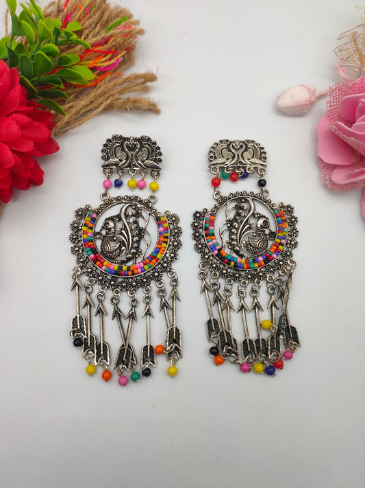 Oxidized Silver Peacock Earrings with Beaded Tassel