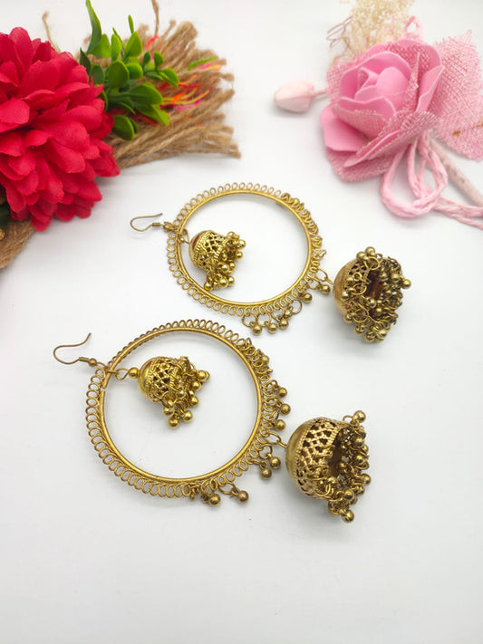 Gold Oxidized Jhumkha Earrings - Elegant and Ethnic
