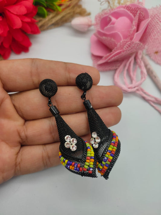 Black Drop Earrings with Colorful Beads and Rhinestones