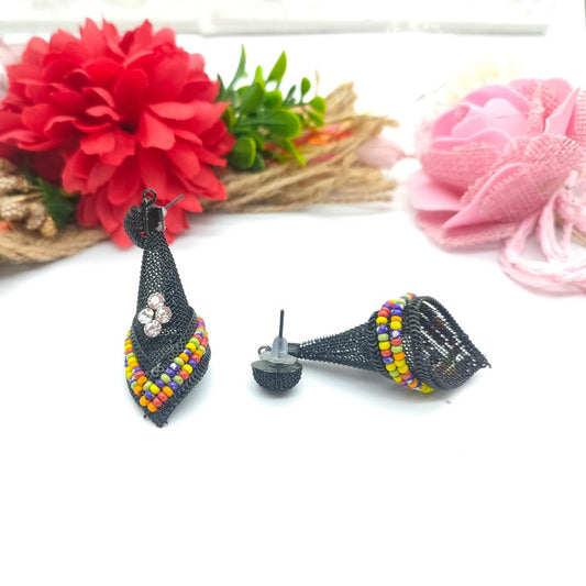 Black Drop Earrings with Colorful Beads and Rhinestones