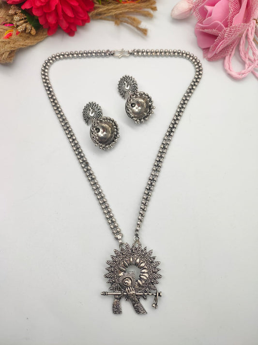 Krishna Flute Pendant Necklace and Peacock Drop Earrings Set