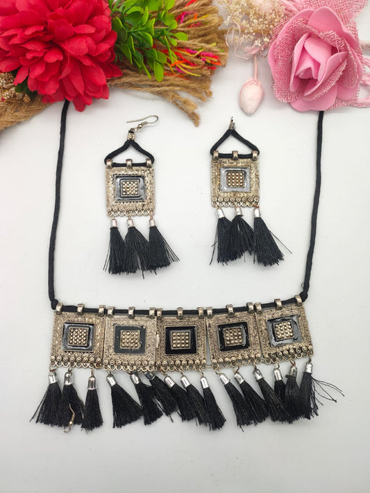 Exquisite Afghani Style Silver Oxidized Necklace Set