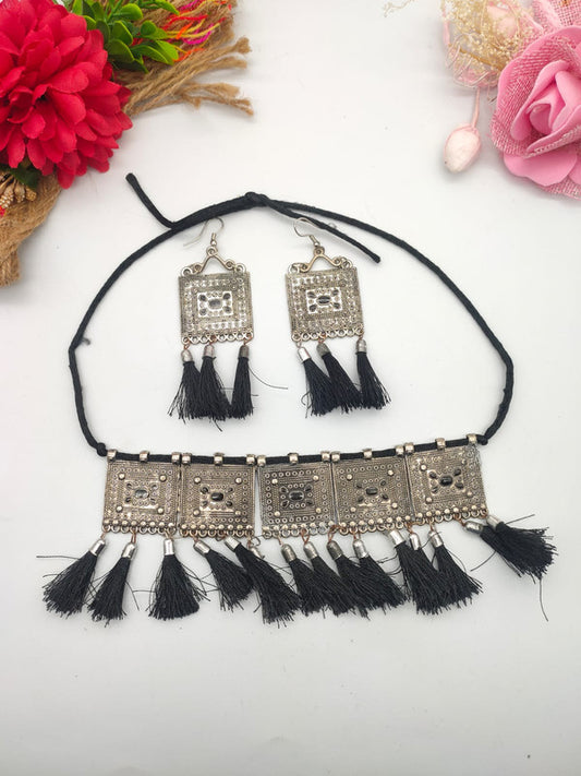 Exquisite Afghani Style Silver Oxidized Necklace and Earrings Set