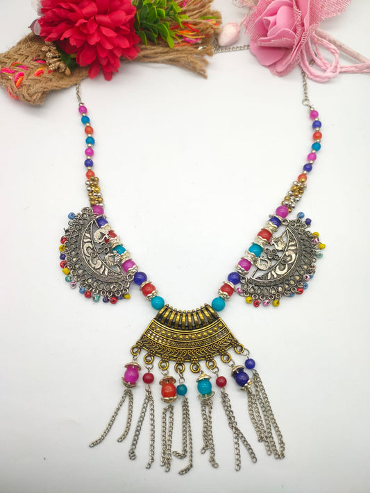 Exquisite Afghani Style Silver Oxidized Necklace Set