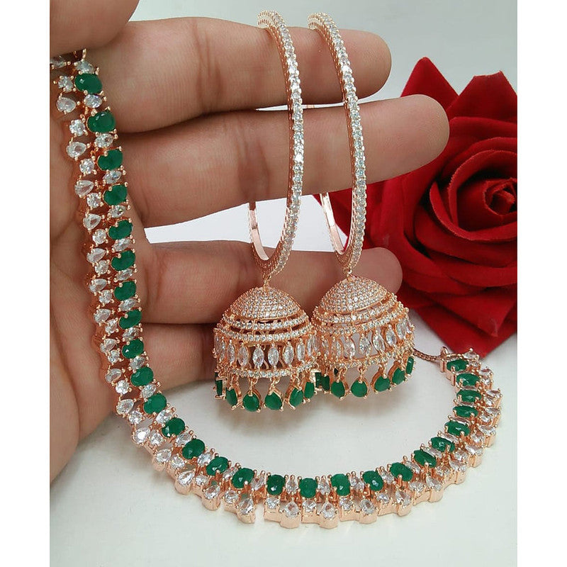 American Diamond Rose Gold Jewellery Set With Earrings with Maangtikka