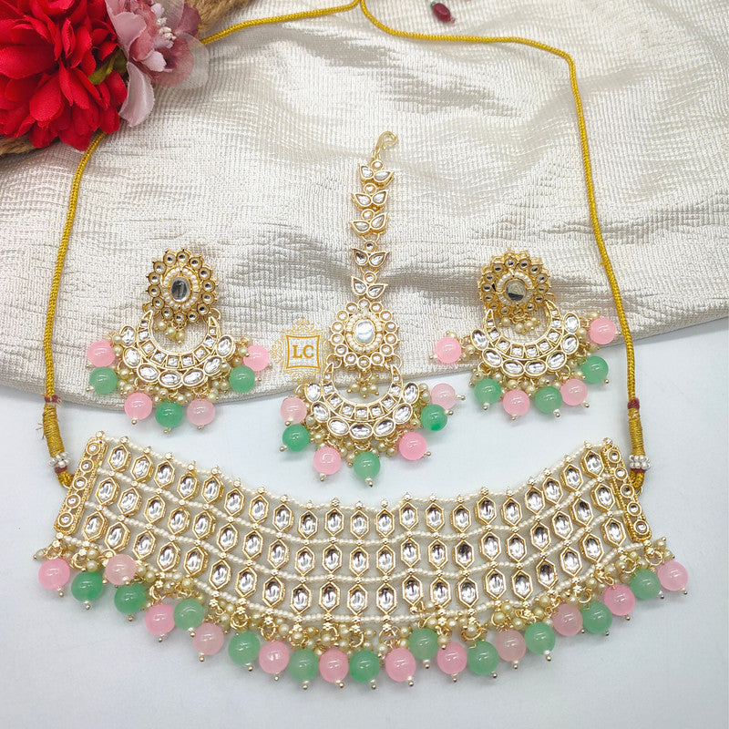 Kundan Beads Gold Plated Choker Necklace Set with Earrings and Maangtikka.